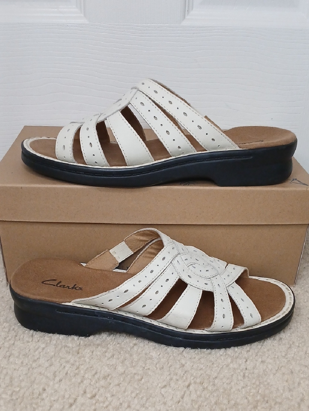 Clarks White Laurie Anne Multi-Strap Leather Slide Sandals Womens 7